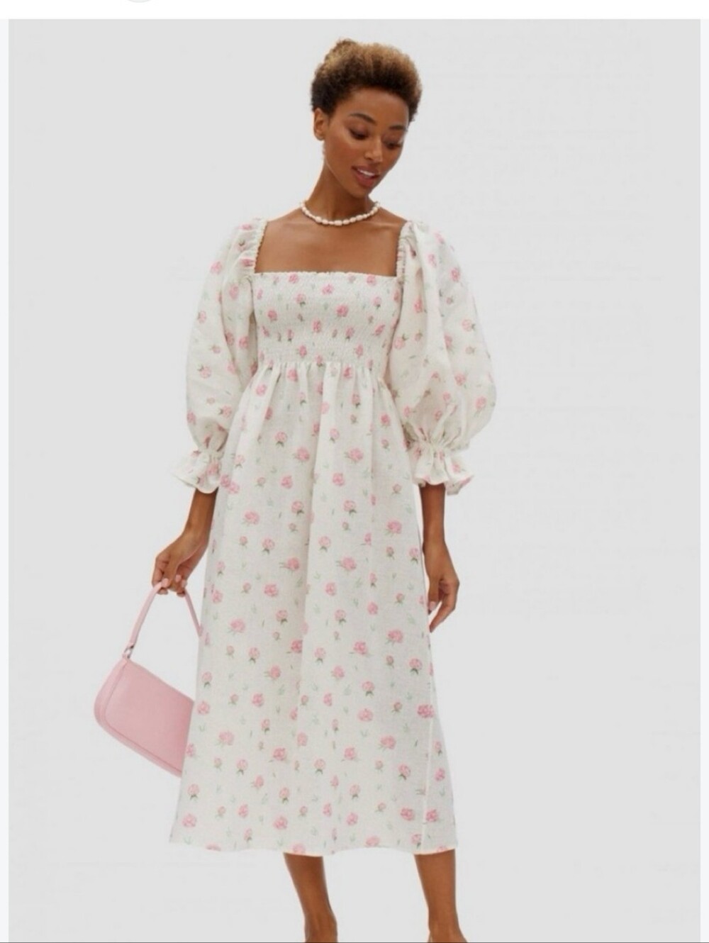 Sleeper Atlanta Rose Printed Linen Smocked White Midi Dress Size M